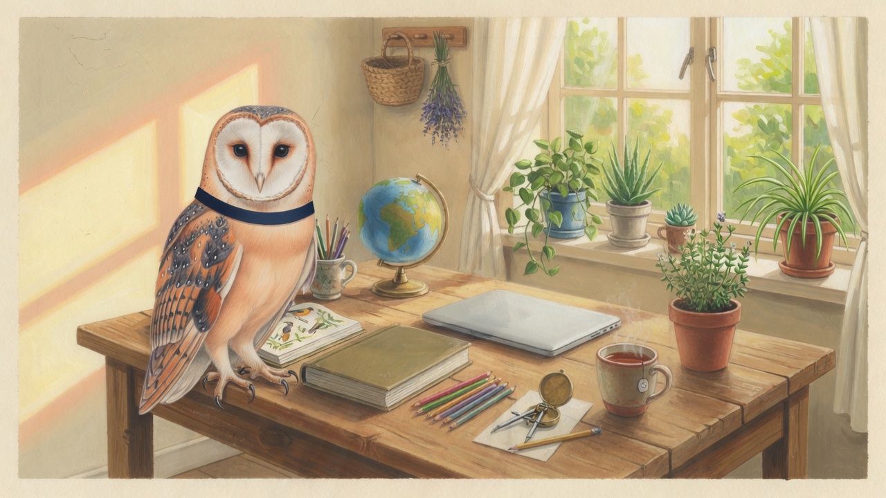 A barn owl at a sunny kitchen table with a picture book, textbook, laptop, globe and tea, ready for a homeschool morning.